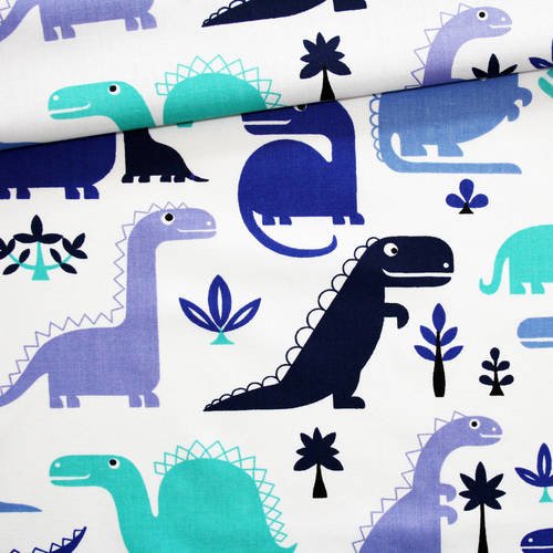 Tissu dinosaures, 100% coton imprimé 50 x 160 cm, dinosaures bleus sur fond blanc 