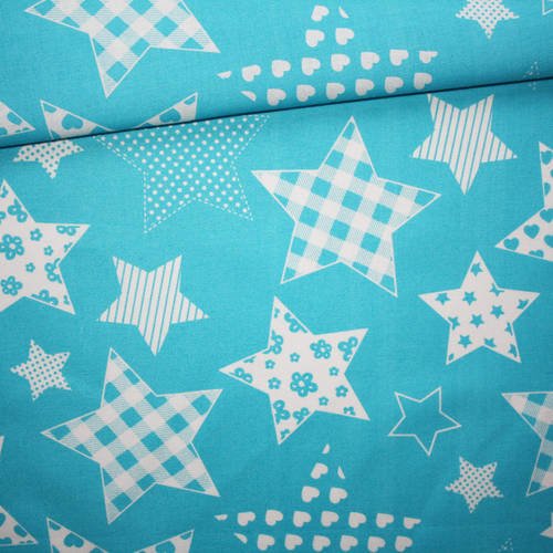 Tissu étoiles, 100% coton imprimé 50 x 160 cm, motif étoiles blanches sur fond turquoise 