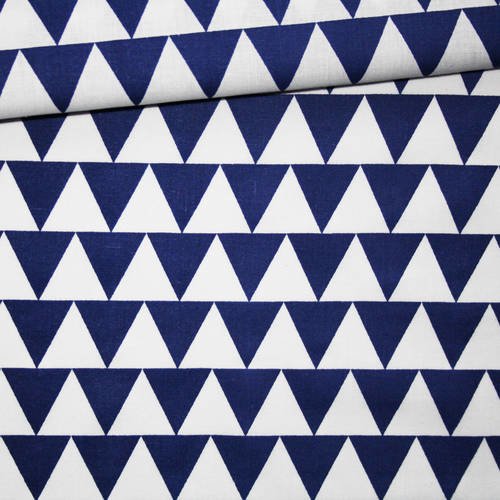 Tissu triangles, 100% coton imprimé 50 x 160 cm, motif petits triangles bleus et blancs 