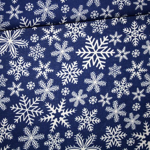 Tissu noël, hiver, 100% coton imprimé 50 x 160 cm, flocons de neige blanc sur fond 