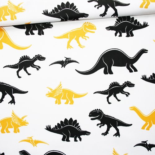 Tissu dinosaures en coton imprimé oeko tex noir et jaune 50 x 160 cm