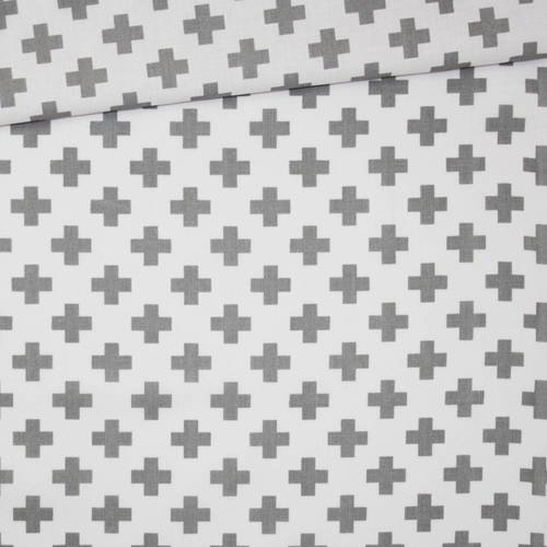 Tissu croix, 100% coton imprimé 50 x 160 cm, motif croix, plus, gris sur fond blanc 