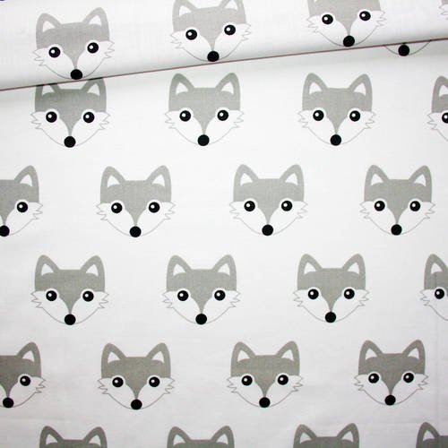 Tissu renard, tissu 100% coton imprimé 50 x 160 cm, têtes de renards grises sur fond blanc 