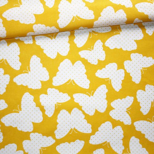 Tissu papillons, 100% coton imprimé 50 x 160 cm, papillon blanc avec pois sur fond jaune 