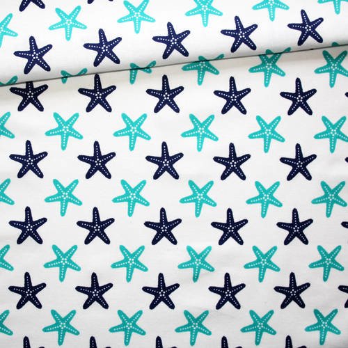 Tissu étoiles de mer, 100% coton imprimé 50 x 160 cm, motif étoiles de mer turquoises et bleues sur fond 