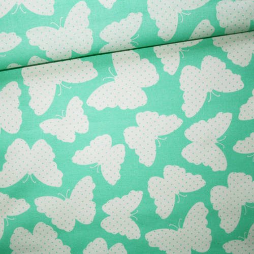 Tissu papillons, 100% coton imprimé 50 x 160 cm, papillon blanc avec pois sur fond vert pastel 