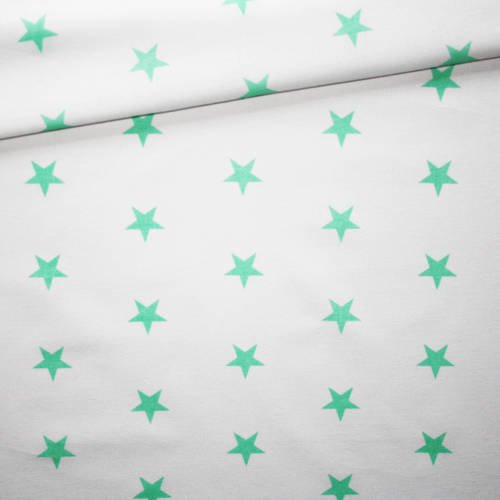 Tissu étoiles, 100% coton imprimé 50 x 160 cm, motif étoiles vert pastel sur fond blanc 