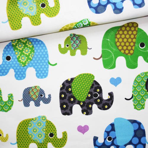 Tissu éléphant, 100% coton imprimé 50 x 160 cm, éléphants colorés sur fond écru 