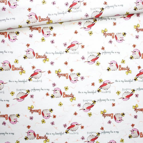 Tissu oiseaux, papillons 100% coton imprimé 50 x 160 cm, motif oiseaux roses sur fond blanc 