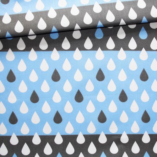 Tissu gouttes, pluie, coton imprimé 50 x 160 cm, gouttes blanches, noires et gris foncé sur le fond bleu 