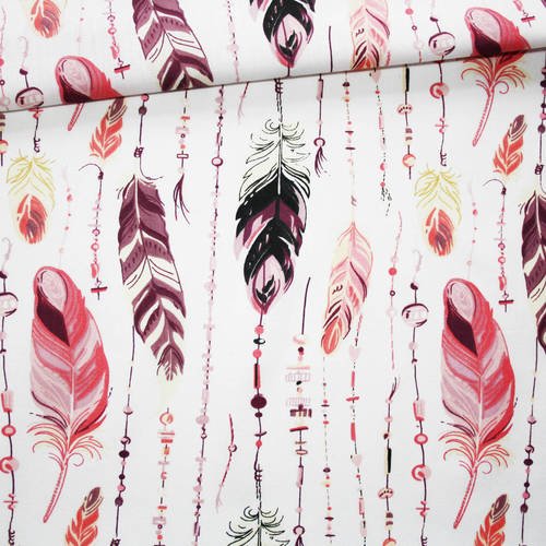Tissu plumes, 100% coton imprimé 50 x 160 cm, plumes rose pastel, violet pastel sur fond blanc 