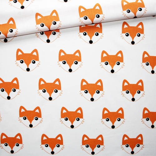 Tissu renard, 100% coton imprimé 50 x 160 cm, têtes de renards oranges sur fond blanc 