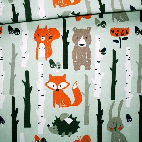 Tissu renard, ours, écureuil, lapin, hérisson, 100% coton imprimé 50 x 160 cm, forêt, automne, fond vert menthe clair mint