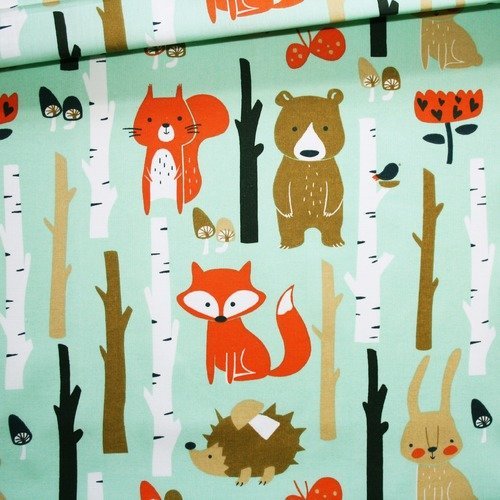 Tissu renard, ours, écureuil, lapin, hérisson, 100% coton imprimé 50 x 160 cm, forêt, automne, fond vert menthe, mint