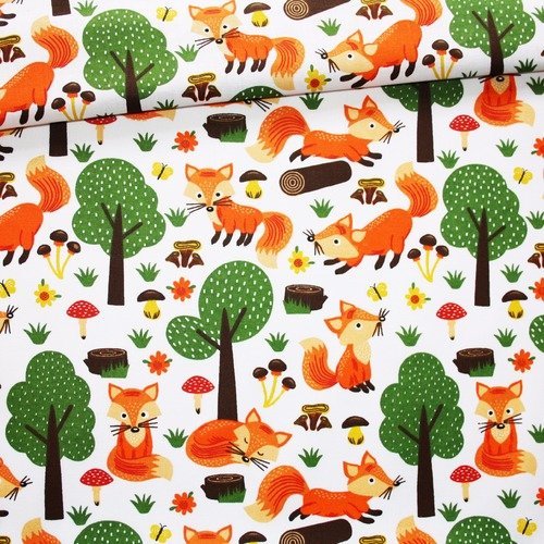 Tissu renard, 100% coton imprimé 50 x 160 cm, renards, forêt, automne, fond blanc 