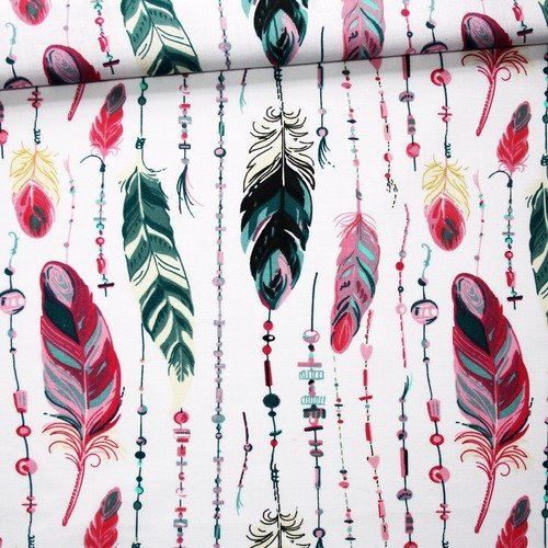 Tissu plumes, 100% coton imprimé 50 x 160 cm, plumes rose, bleu pétrole, fuchsia sur fond blanc