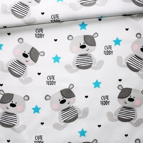 Tissu ours, étoiles, 100% coton imprimé 50 x 160 cm, motif ourses gris sur fond blanc