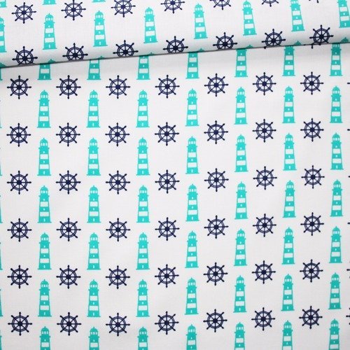 Tissu gouvernails et phares, 100% coton imprimé 50 x 160 cm, motif gouvernails et phares turquoise et bleus sur fond blanc
