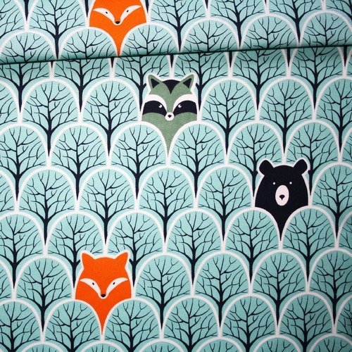 Tissu renard, ours, raton, arbres 100% coton imprimé 50 x 160 cm, renard, raton ours dans une forêt turquoise pastel