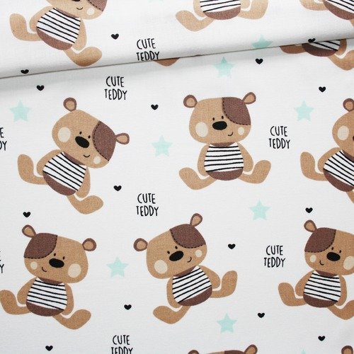 Tissu ours, étoiles, 100% coton imprimé 50 x 160 cm, motif ourses marrons, étoile vert menthe sur fond blanc