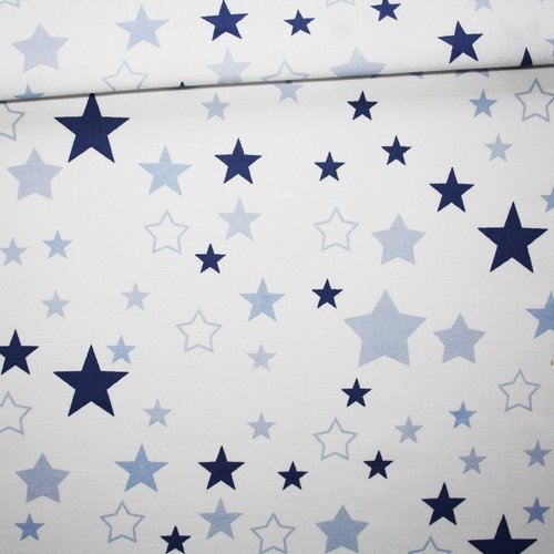 Tissu étoiles, 100% coton imprimé 50 x 160 cm, motif étoiles bleu pastel et bleu foncé sur fond blanc