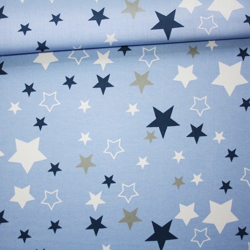 Tissu étoiles, 100% coton imprimé 50 x 160 cm, motif étoiles blanches, bleu foncé, gris beige sur fond bleu pastel