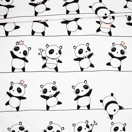 Tissu panda, 100% coton imprimé 50 x 160 cm, pandas noirs et pêche sur fond blanc