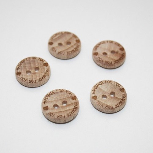 Boutons en bois "handmade for you" 15 mm, lot de 5 boutons, fait main pour toi
