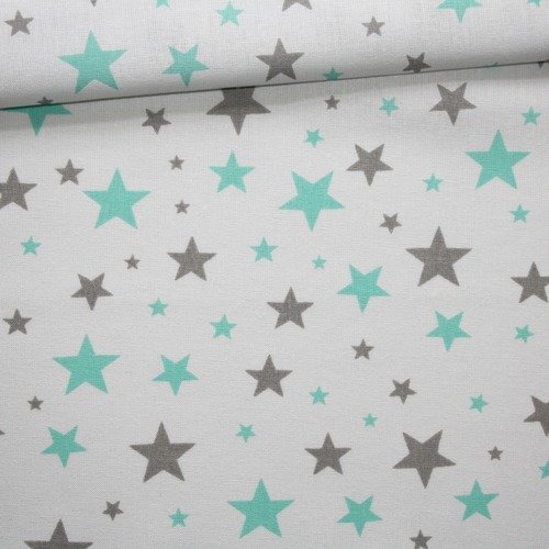 Tissu étoiles vert menthe, gris, 100% coton imprimé 50 x 160 cm, motif étoiles grises et vert menthe sur fond blanc