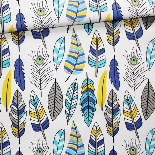 Tissu plumes jaune, turquoise, bleu, 100% coton imprimé 50 x 160 cm, plumes colorées sur fond blanc, paon
