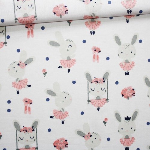 Tissu lapin, balançoire , 100% coton imprimé 50 x 160 cm, lapins gris et roses sur fond blanc, tissu fille, oeko-tex