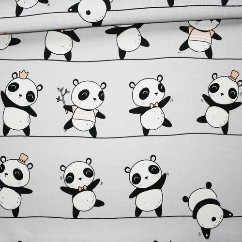 Tissu panda, 100% coton imprimé 50 x 160 cm, pandas noirs et pêche sur fond gris clair