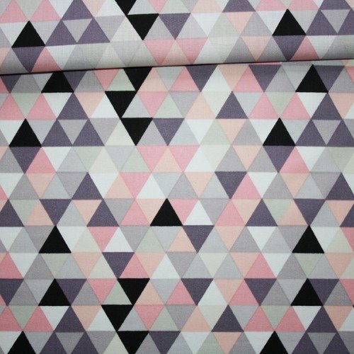 Tissu petits triangles rose, violet poudré, noir, blanc, 100% coton imprimé 50 x 160 cm, oeko-tex