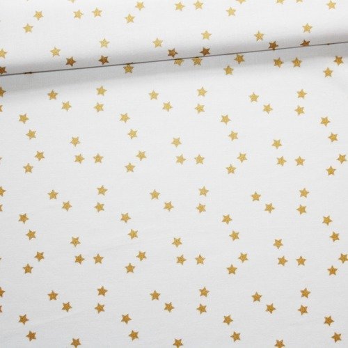 Tissu étoiles dorées, or, 100% coton imprimé 50 x 160 cm, motif étoiles dorées sur fond blanc 