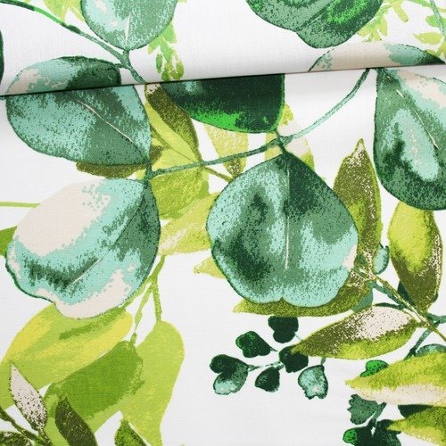 Tissu feuilles vertes, 100% coton imprimé 50 x 160 cm, motif feuilles vertes sur fond blanc, plante, nature, oeko tex
