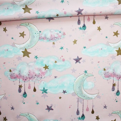 Tissu nuit, lune, nuages, pluie, rose, doré, 50 x 160 cm, 100% coton imprimé , motif nuit sur fond rose