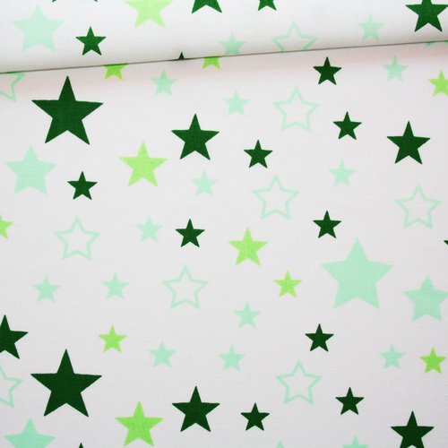 Tissu étoiles, 100% coton imprimé 50 x 160 cm, motif étoiles vert bouteille, citron, vert d'eau sur fond blanc