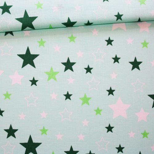 Tissu étoiles, 100% coton imprimé 50 x 160 cm, motif étoiles vert bouteille, citron, blanches sur fond vert d'eau