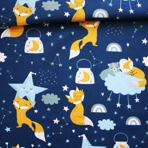 Tissu renards et oursons sur un fond bleu foncé en coton imprimé oeko tex