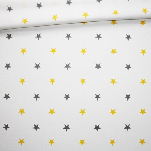 Tissu étoiles jaunes et grises sur un fond blanc 50 x 160 cm en coton imprimé oeko tex