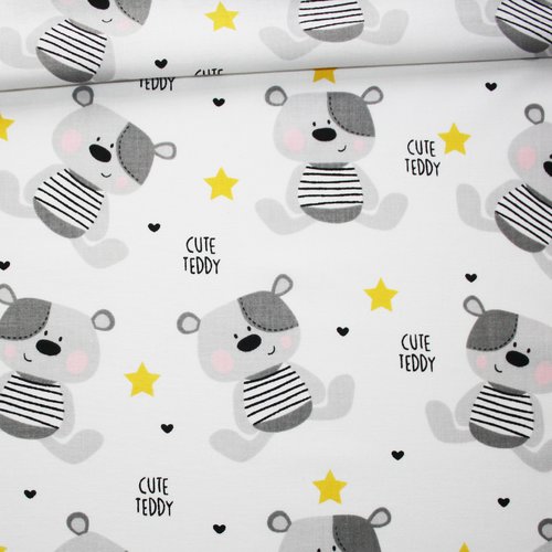 Tissu ours, étoiles jaunes, 100% coton imprimé 50 x 160 cm, motif ourses gris sur fond blanc