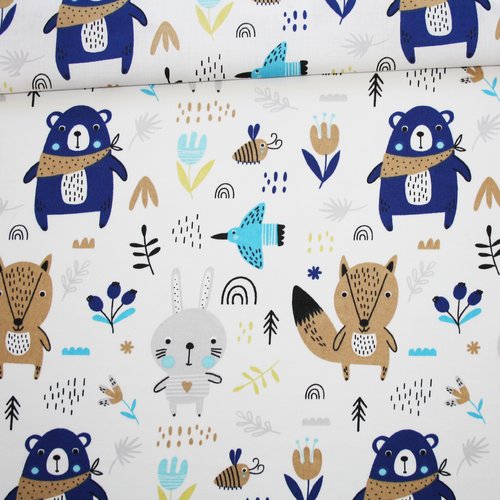 Tissu ours écureuil lapin bleu beige gris fond blanc en coton imprimé oeko tex 50 x 160 cm