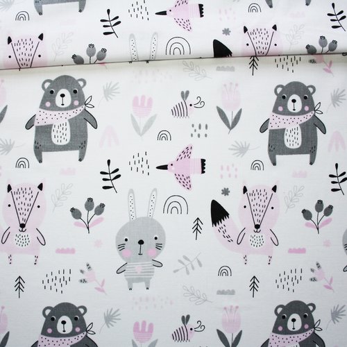 Tissu ours écureuil lapin rose et gris sur fond blanc en coton imprimé oeko tex 50 x 160 cm