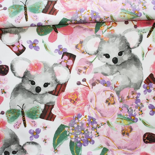 Tissu koalas et fleurs sur un fond blanc en coton imprimé oeko tex 50 x 160 cm
