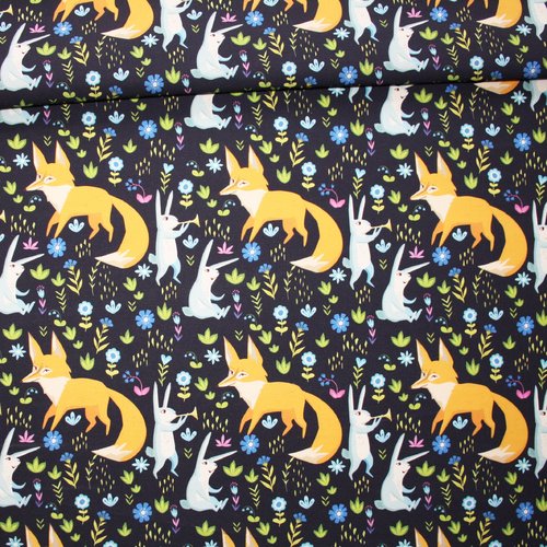Tissu renards et lapins sur un fond bleu foncé en coton imprimé premium oeko tex
