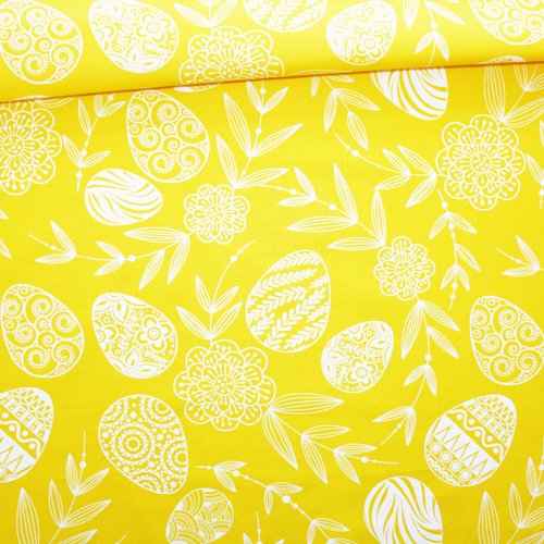 Tissu œufs de pâques en coton imprimé oeko tex blanc et jaune soleil