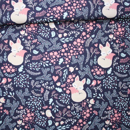 Tissu renards et fleurs roses en coton imprimé premium oeko tex