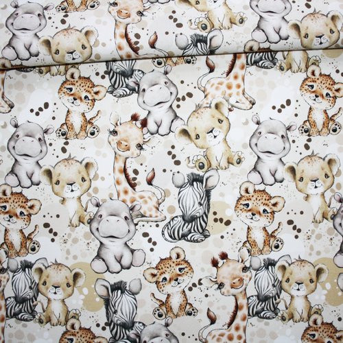 Tissu bebes animaux de la savane en coton imprimé premium oeko tex fond blanc