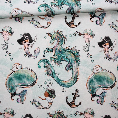 Tissu monde sous-marin garçon en coton imprimé premium oeko tex fond blanc et vert menthe