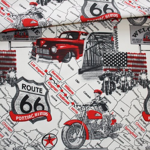 Tissu route 66 en coton imprimé oeko tex 50 x 160 cm fond écru